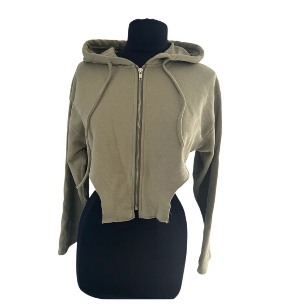 Le Lis Women's V Cut Zip Up Cropped Hoodie Olive Green 100% Cotton Size Small